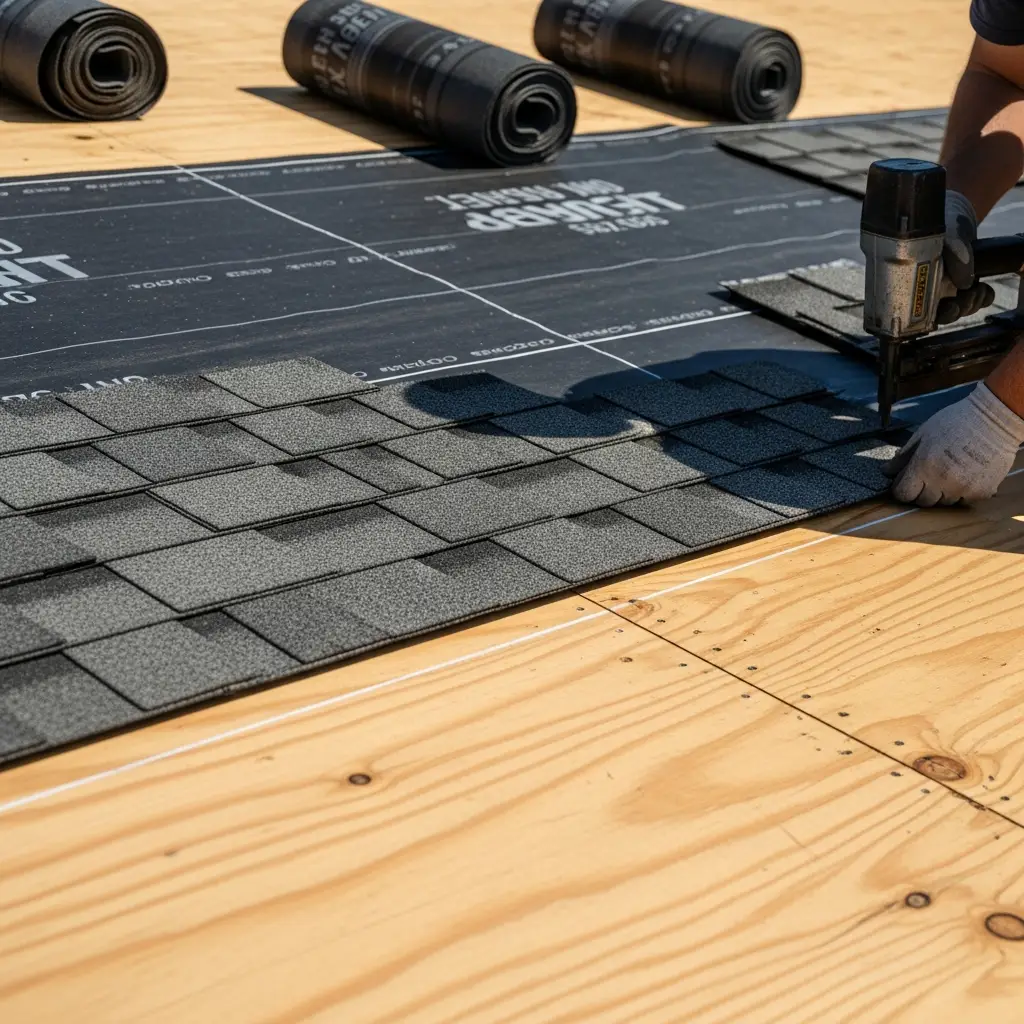 Close-up of roof decking with asphalt shingles being installed. Shows proper shingle overlap and fastener placement on wood decking surface.