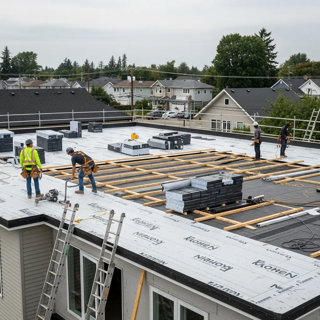 Construction crew installing EPDM roofing membrane on flat roof deck. Workers wear safety harnesses; materials include rolls of EPDM and seam sealant.