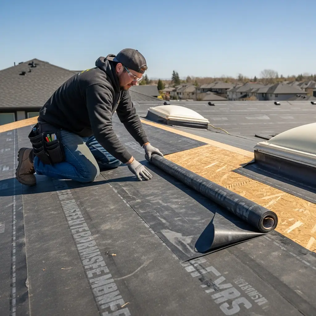 Close-up of roof deck underlayment installation. Black self-adhering membrane overlaps gray synthetic underlayment. Fasteners visible. Roofing nail gun nearby.