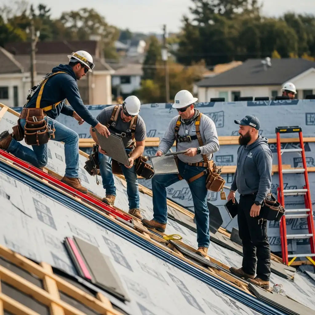 Roofing contractor in harness installing plywood sheathing on new roof deck. Hammer, nails, and stack of OSB boards visible.