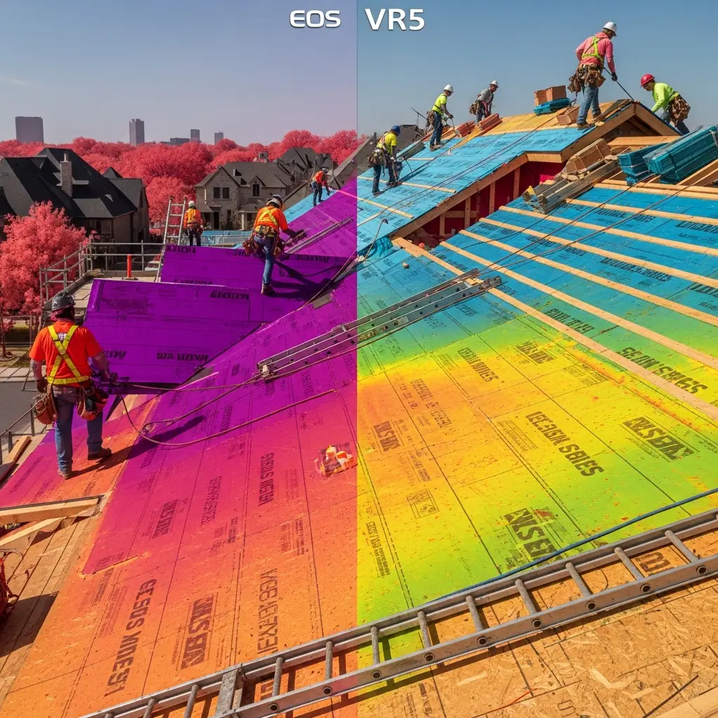 Roofing crew installs underlayment on OSB roof decking of a Dallas home. Workers wear hard hats; nail gun and roll of synthetic underlayment are visible.