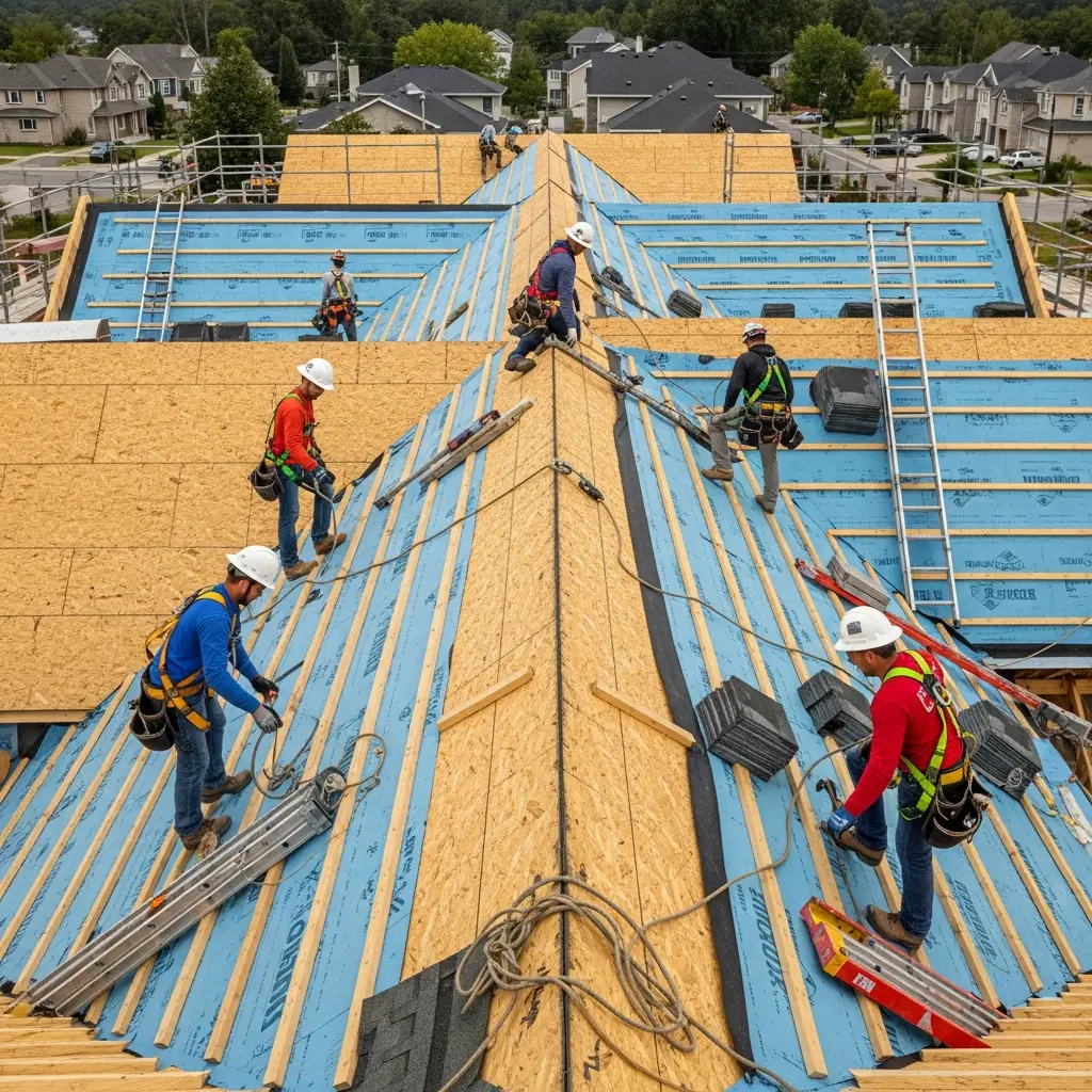 Construction worker installing OSB roof decking on a new home build. Nail gun, hard hat, and safety harness visible. Asphalt shingles stacked nearby.
