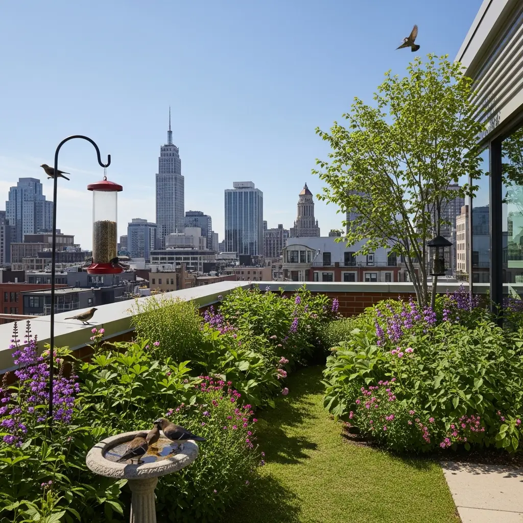 Rooftop garden with a bird feeder and bird bath attracting birds.