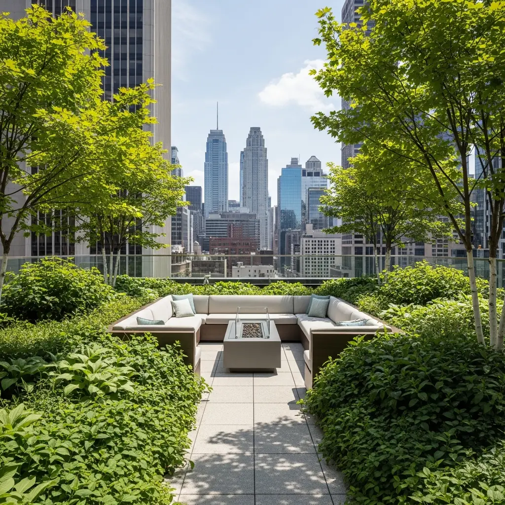 Rooftop garden with a modern fire pit and comfortable seating area.