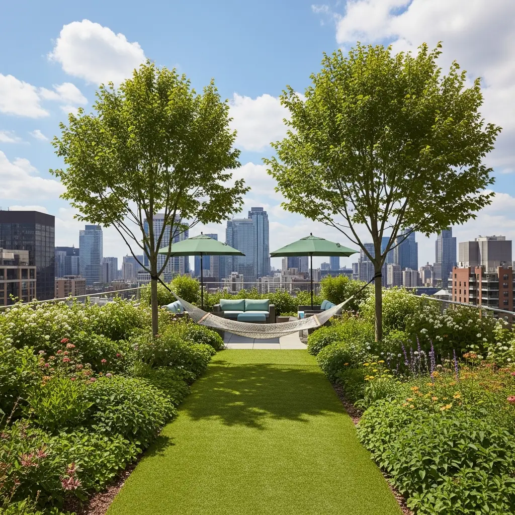 Rooftop garden with a hammock shaded by an umbrella.