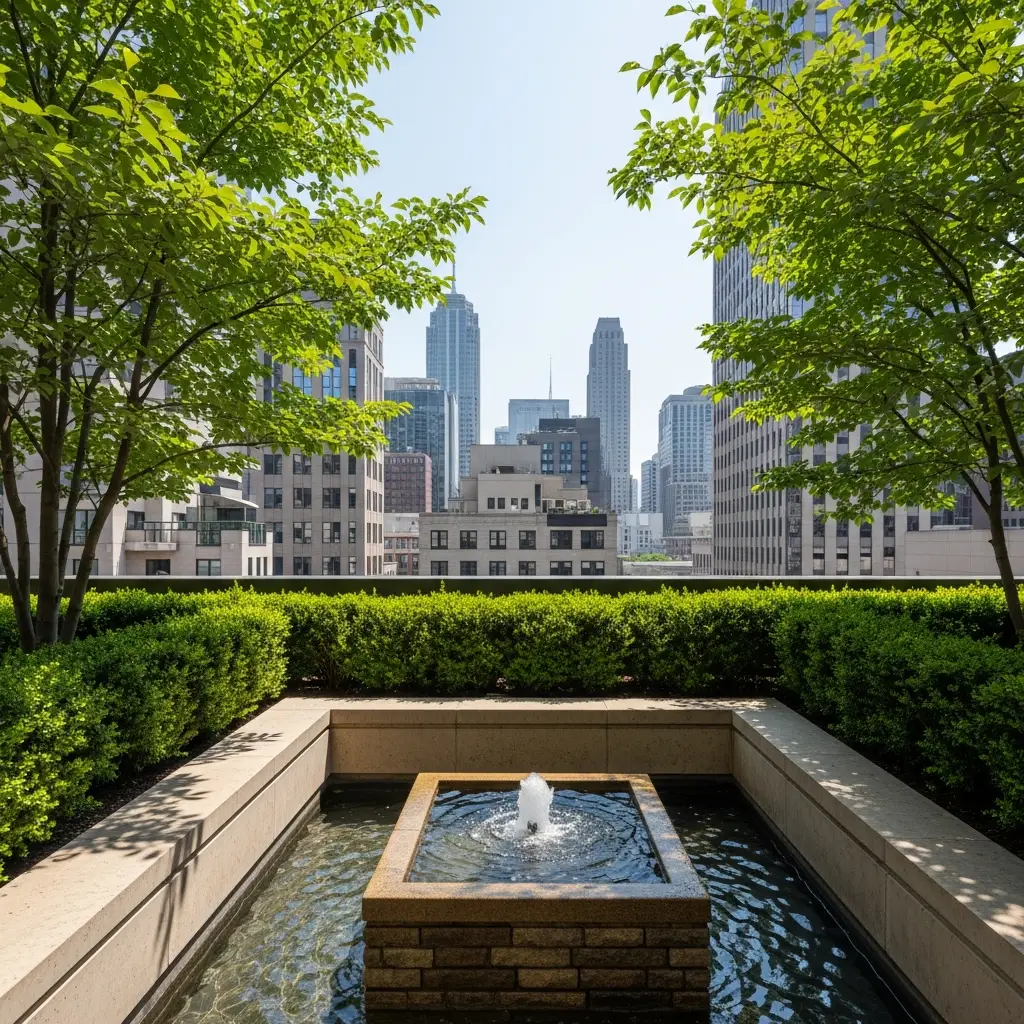 Rooftop garden featuring a small stone fountain with a gentle stream.