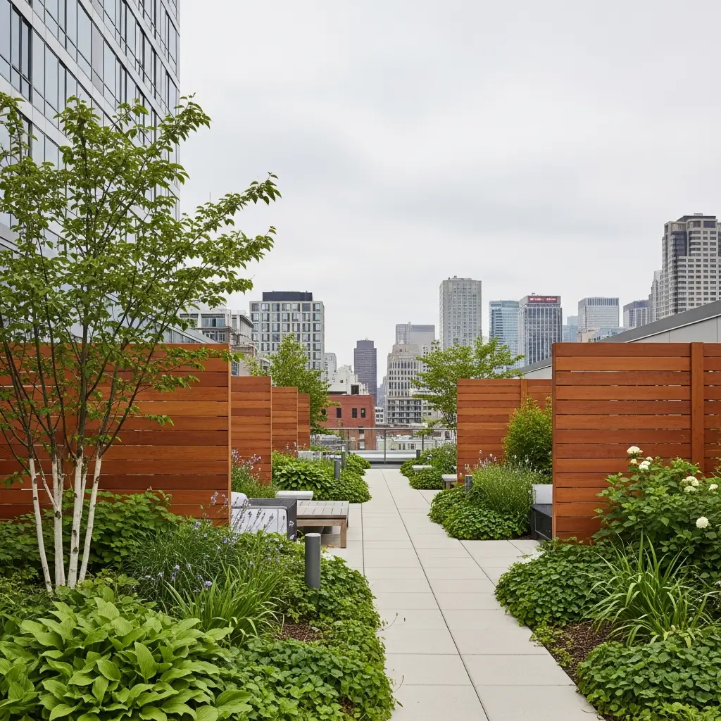 Rooftop garden with wooden privacy screens blocking views from neighbors.