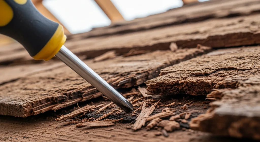 Screwdriver probing rotted cedar roof decking.