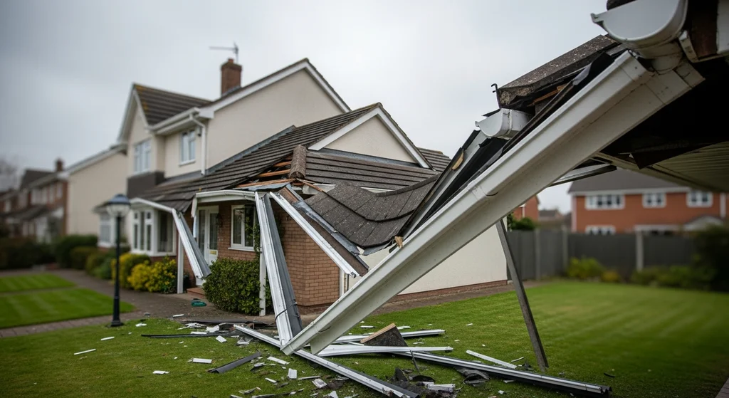 House with severely damaged and detached gutters.