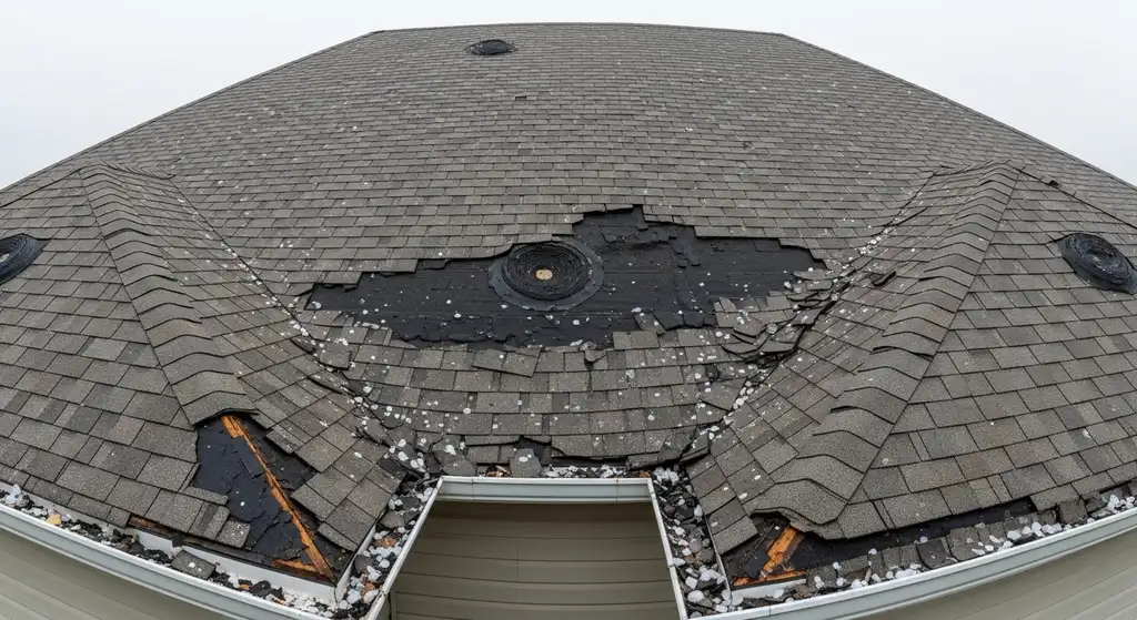 Roof with extensive hail damage