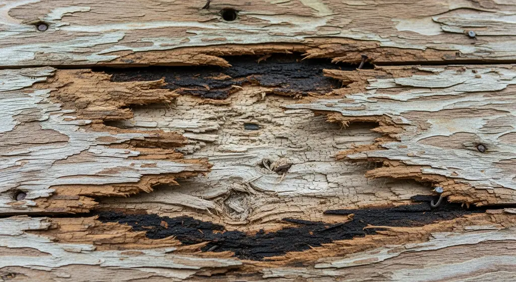 Close-up of rotted roof decking