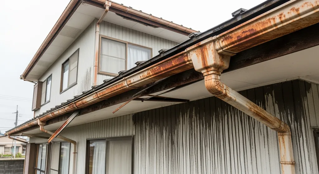 House with severely damaged gutters.