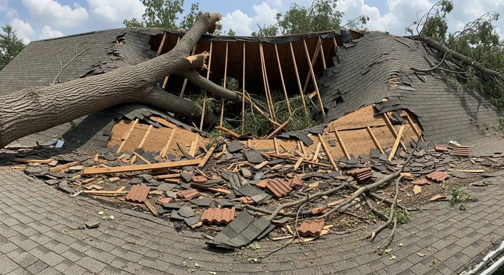 Severely damaged roof after tree fall