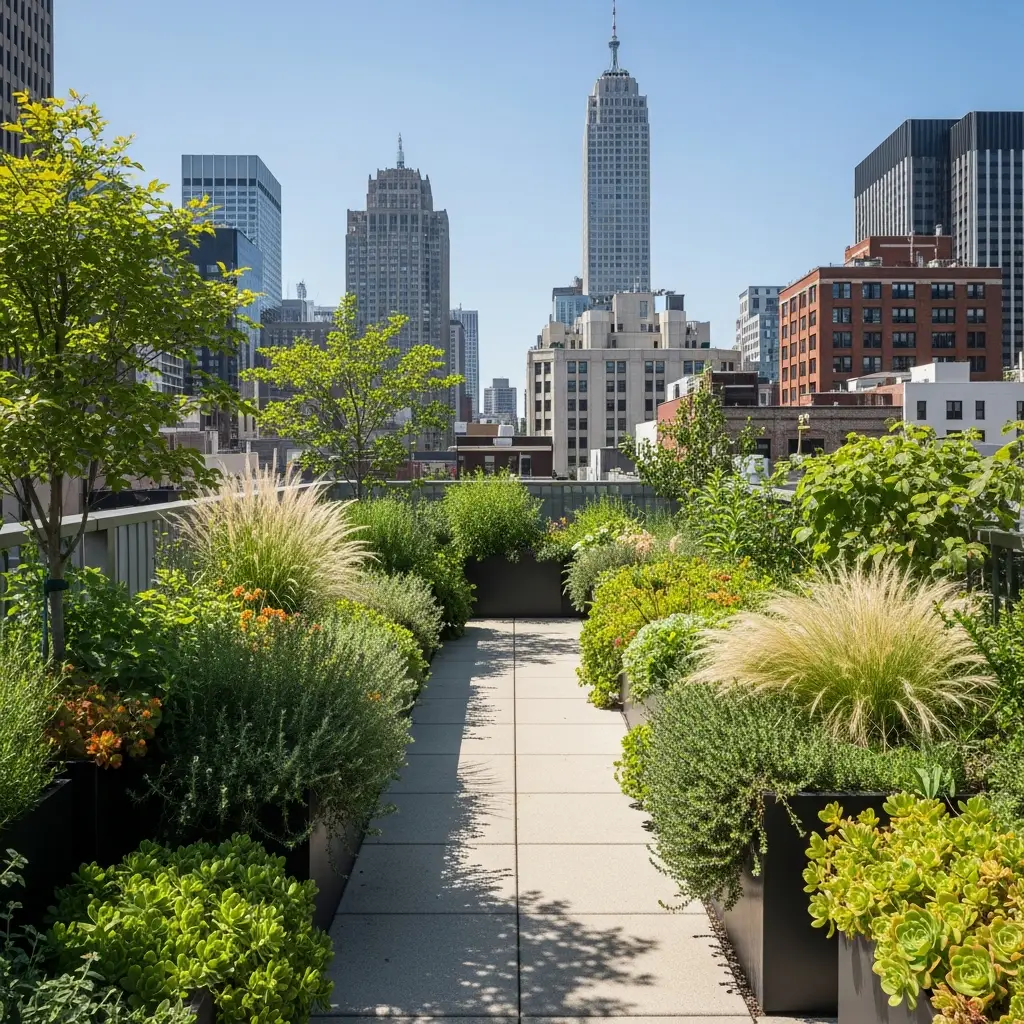 Rooftop garden with drought-tolerant plants like succulents, grasses, and herbs.
