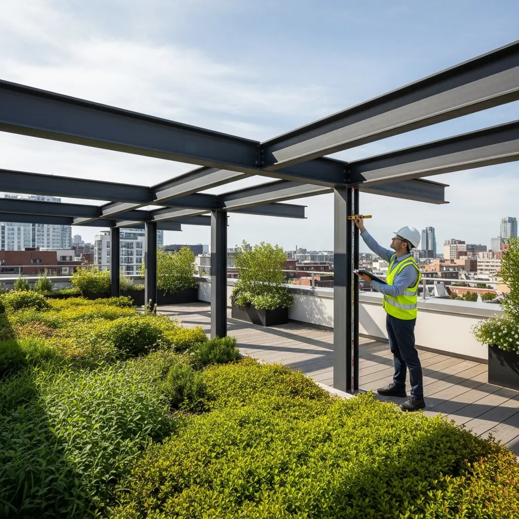 Structural engineer inspecting rooftop support beams for weight load.