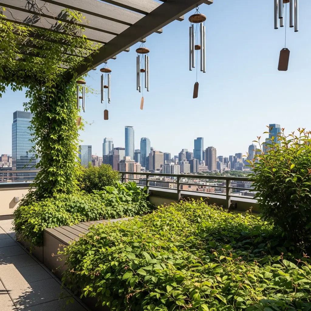 Wind chimes blowing in the wind on a rooftop garden.