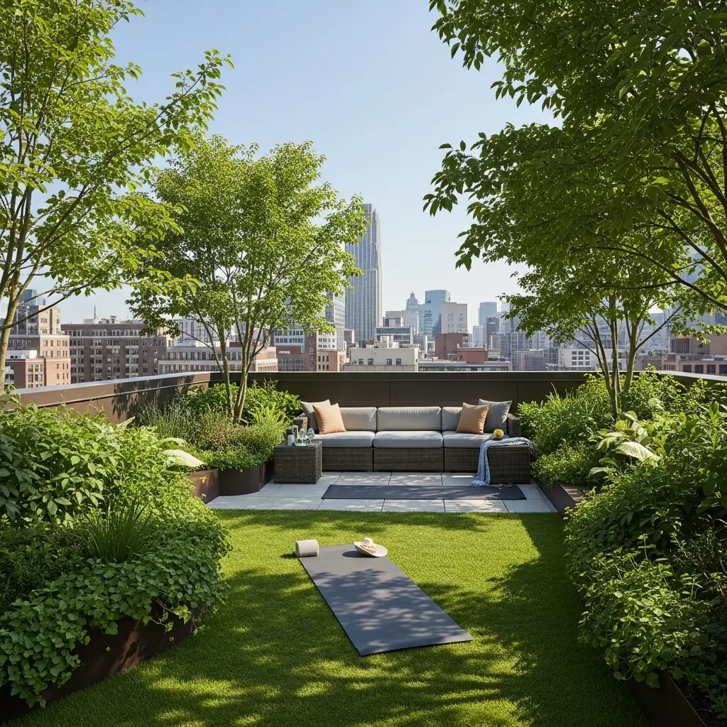 Rooftop garden with a dedicated meditation and yoga space.
