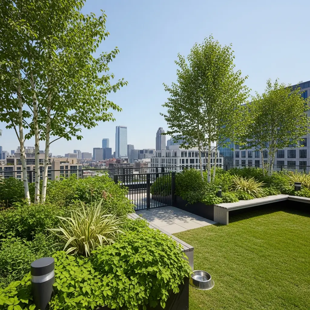 Rooftop garden with a pet-friendly zone including grass and water.