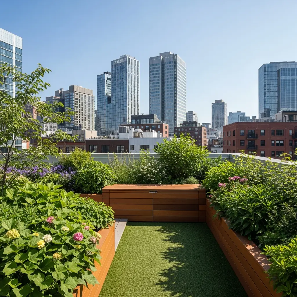 Rooftop garden with a wooden storage shed for tools and supplies.