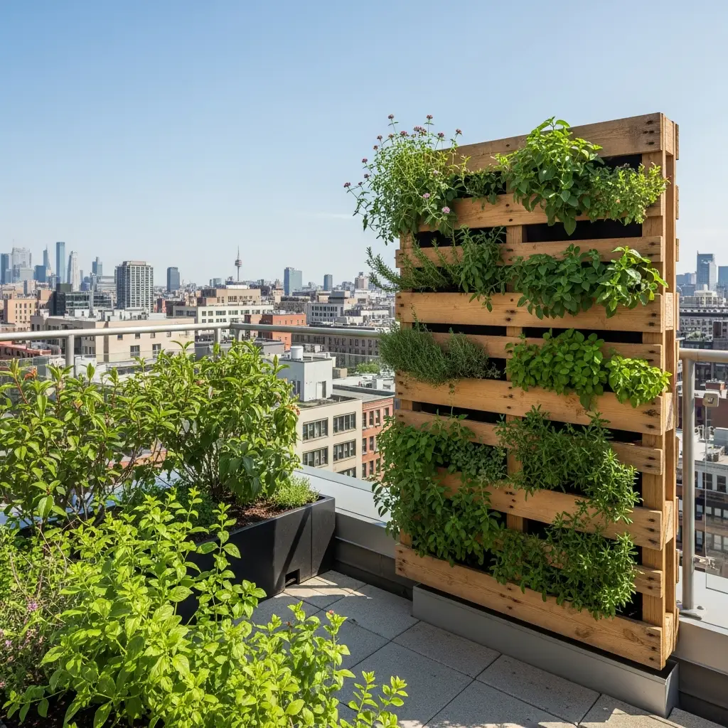 Rooftop garden with a vertical garden created from a repurposed wooden pallet.