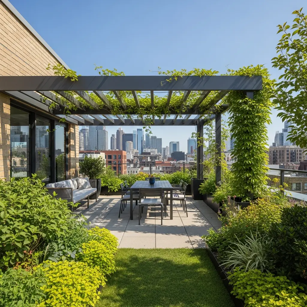 Rooftop garden with a vine-covered pergola shading a dining area.