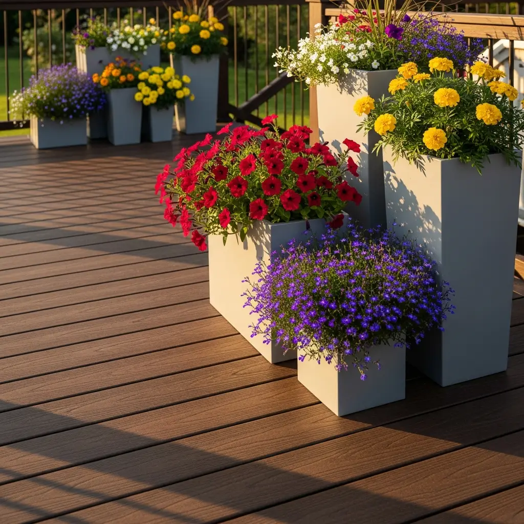 8. Deep Brown Decking with Light Gray Planters