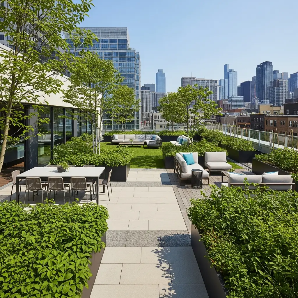 Rooftop garden with dining zone, lounge zone, and garden zone separated by pathways.