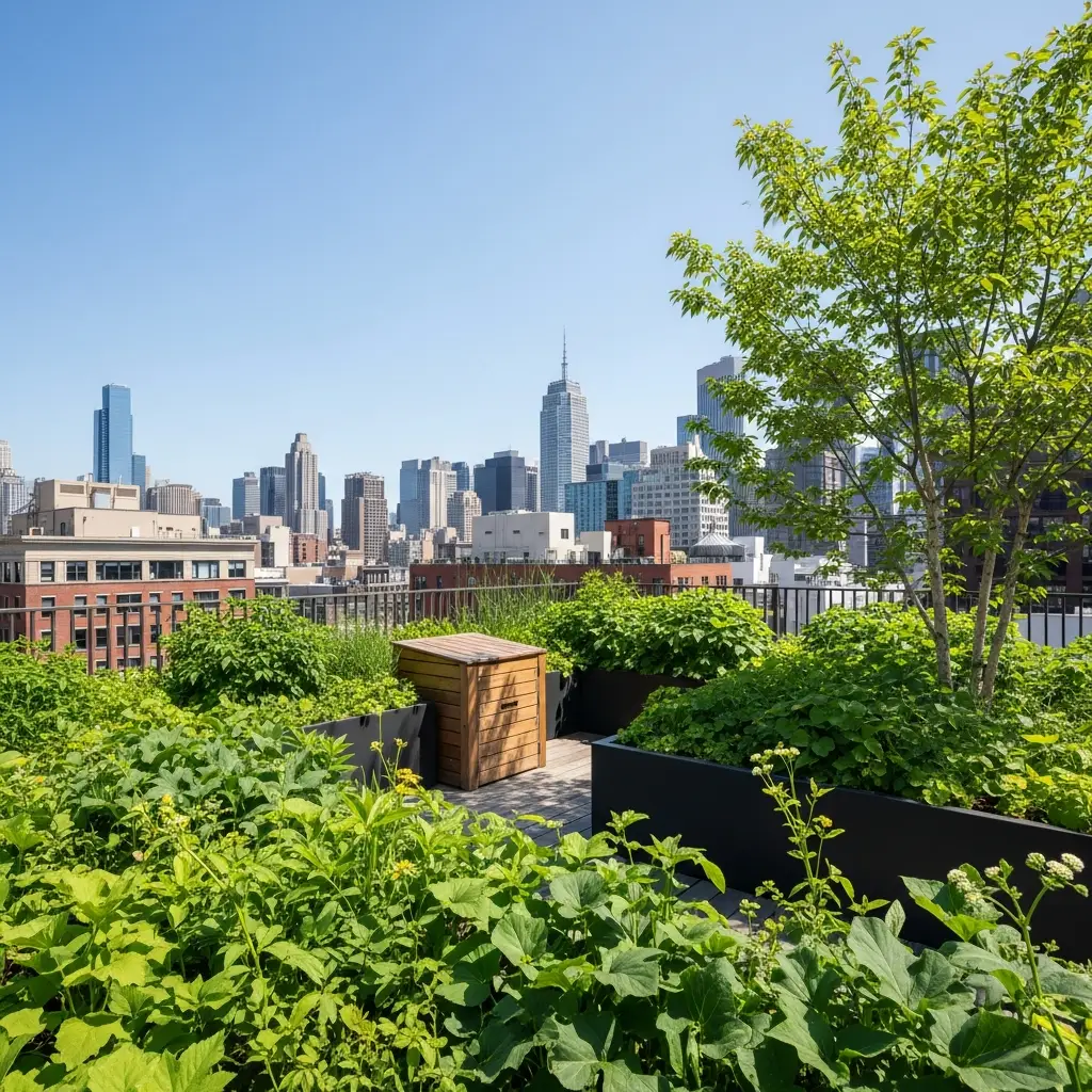 Rooftop garden with a wooden composting bin.