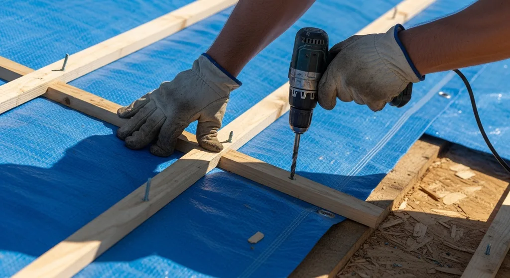 Construction worker securing a blue tarp on a damaged roof.
