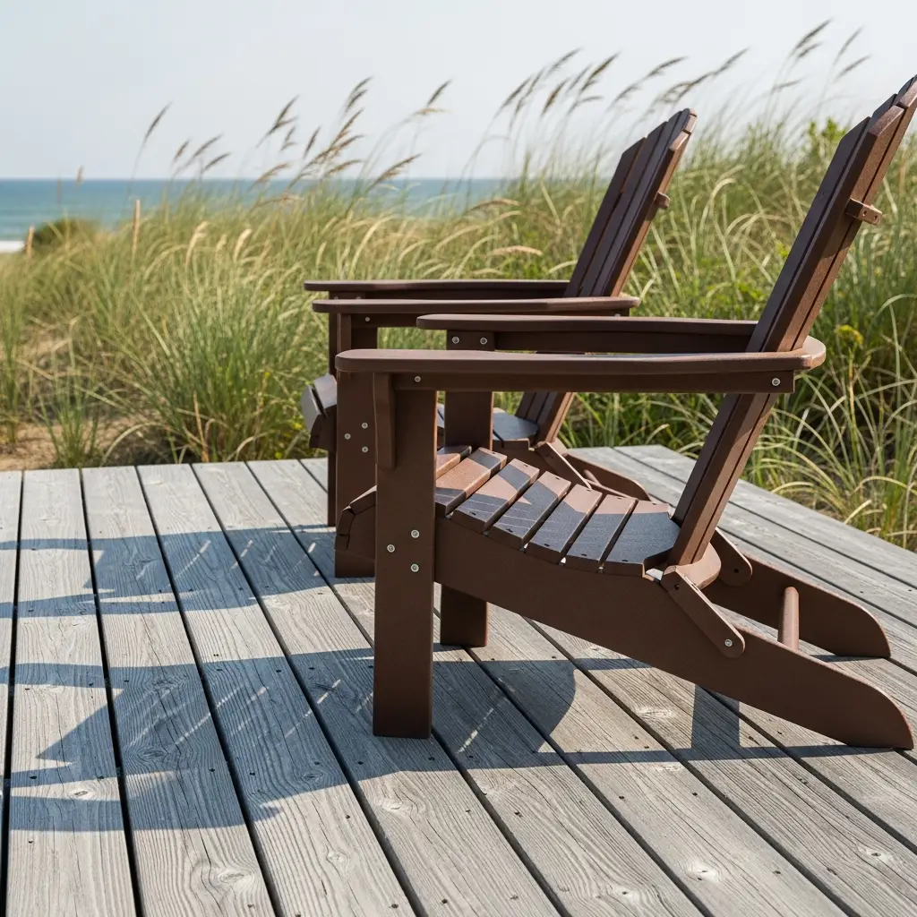 11. Driftwood Gray Deck with Chocolate Brown Adirondack Chairs