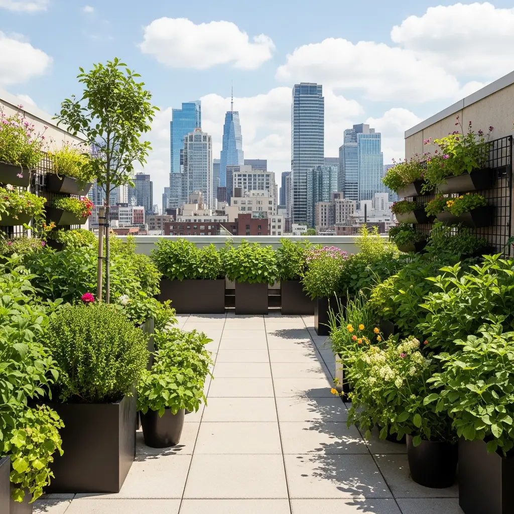 Rooftop garden with diverse container plantings, vertical planters, and hanging baskets.