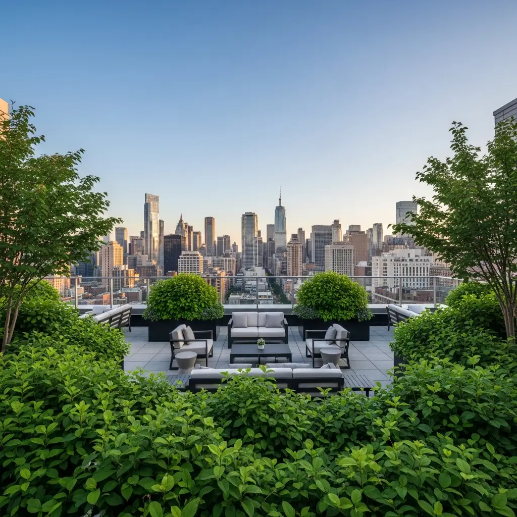 Rooftop garden with seating overlooking a stunning city skyline.