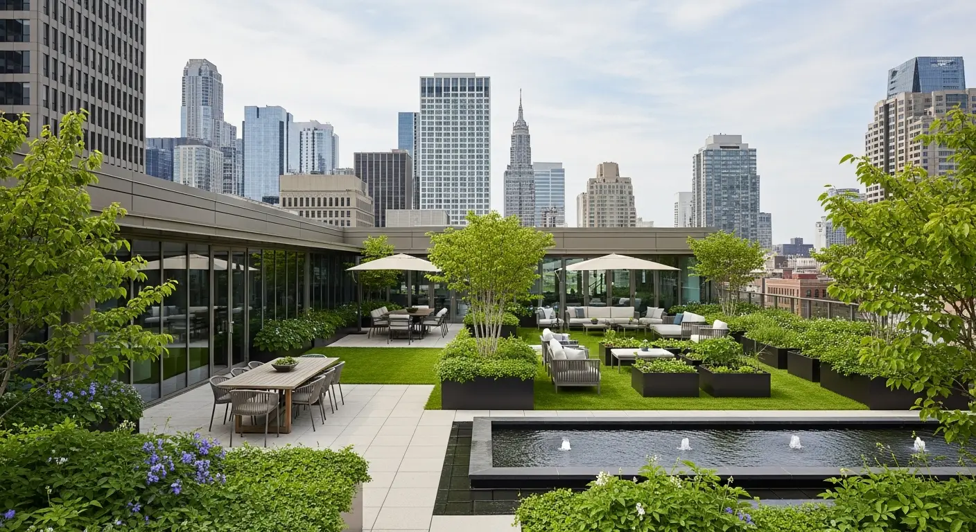 Luxurious rooftop garden with dining, lounge, and gardening zones overlooking a city.