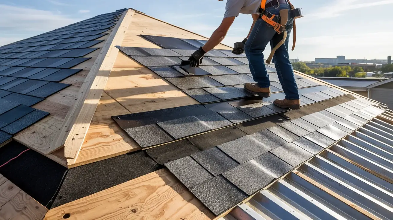 Close-up of wooden roof decking with asphalt shingles being installed. Shows wood grain, shingle color variation, and nail placement.