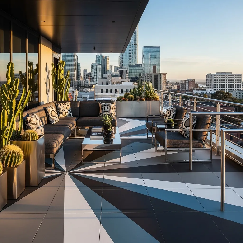 Top 27 Rooftop Deck Before and After Transformations: Inspiring Outdoor Oasis Ideas 19 18. Geometric Glam: Bold Patterns and Luxurious Finishes