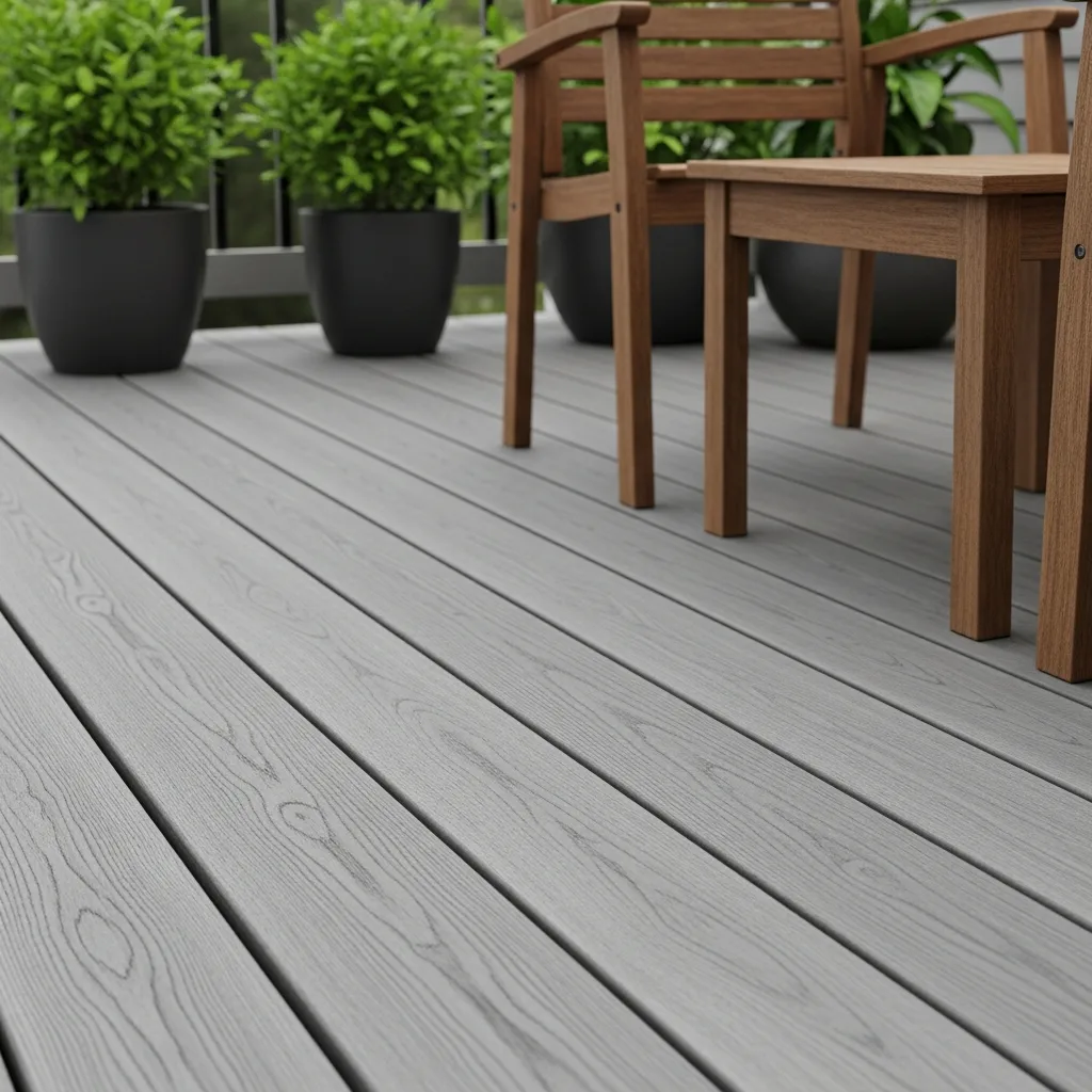 7. Gray-Washed Deck with Brown Furniture