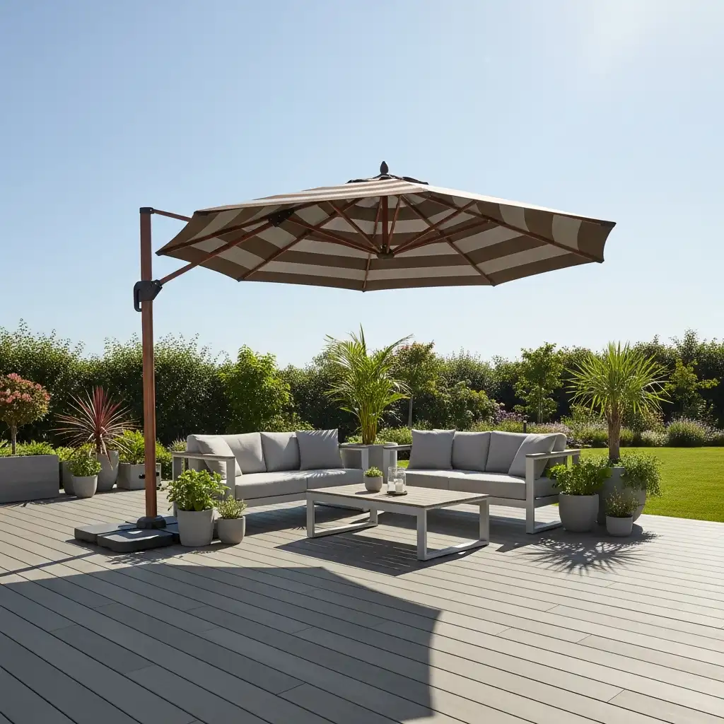 20. Greige Deck with Brown and Gray Striped Outdoor Umbrella
