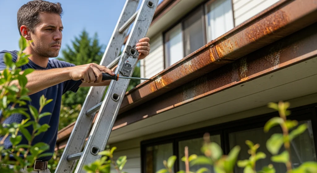 Person inspecting gutter for rust.