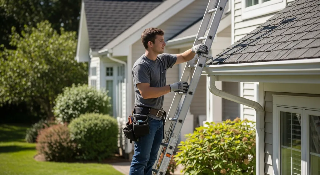 Person inspecting seamless gutter hanger on ladder.