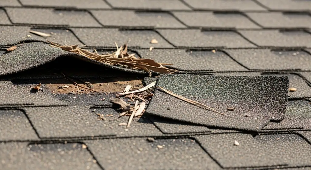 Damaged asphalt shingles after tree fall