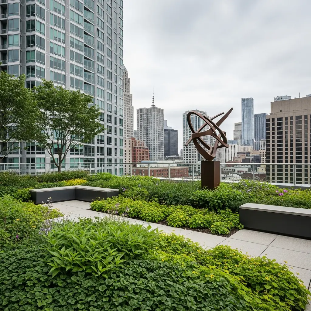 Rooftop garden featuring a modern metal sculpture.