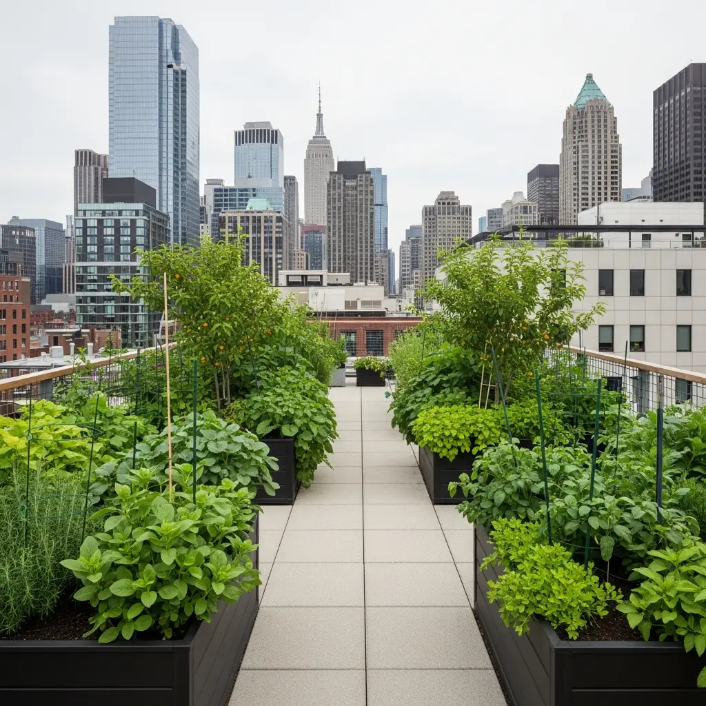 Rooftop garden with herbs, vegetables, and dwarf fruit trees in containers.
