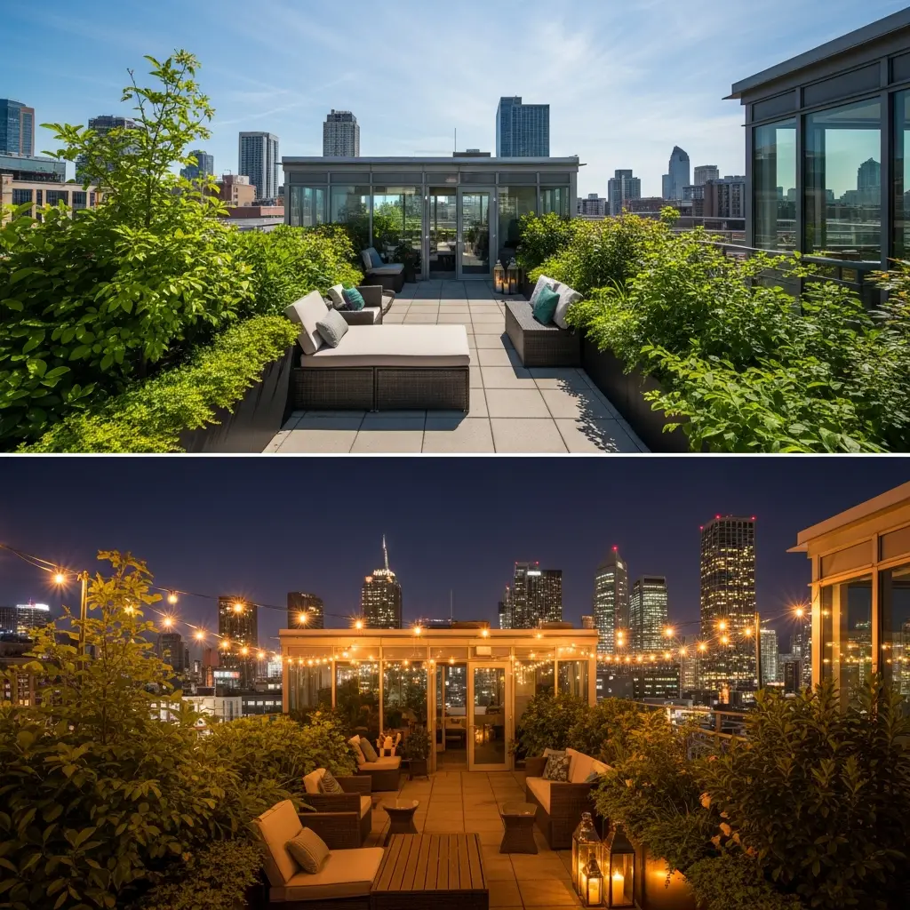 Rooftop garden illuminated with string lights and lanterns at night.