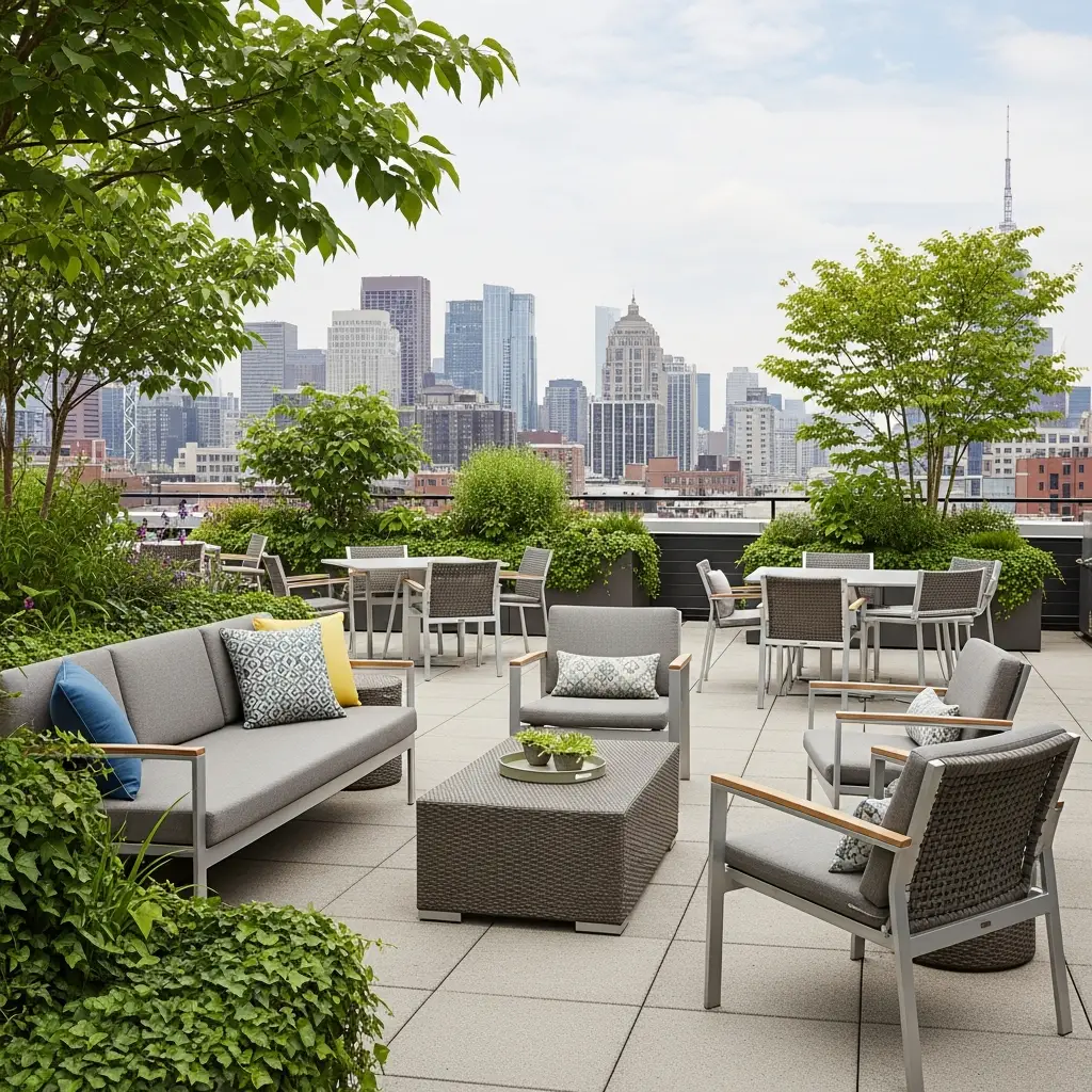 Rooftop garden with teak sofa, aluminum chairs, and synthetic wicker coffee table.