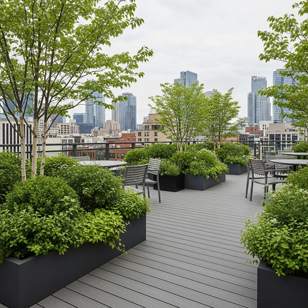 Gray composite decking with wood-grain texture on a rooftop garden.