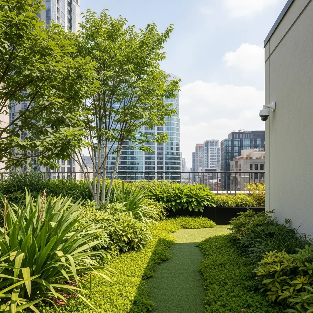 Rooftop garden with a security camera for protection.