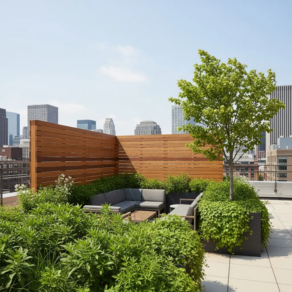 Rooftop garden with a wooden windbreak for protection from wind.