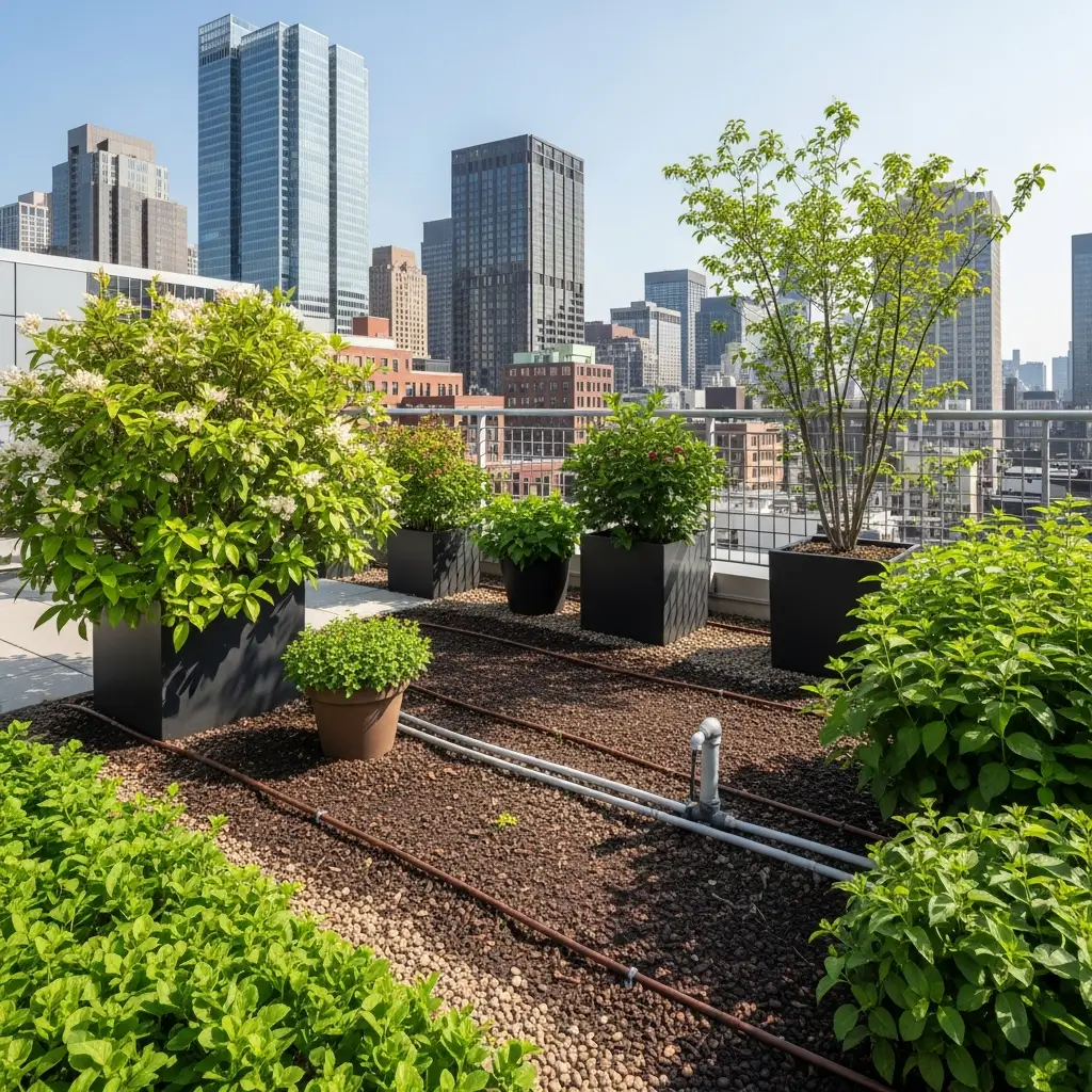 Rooftop garden using a drip irrigation system to water potted plants.