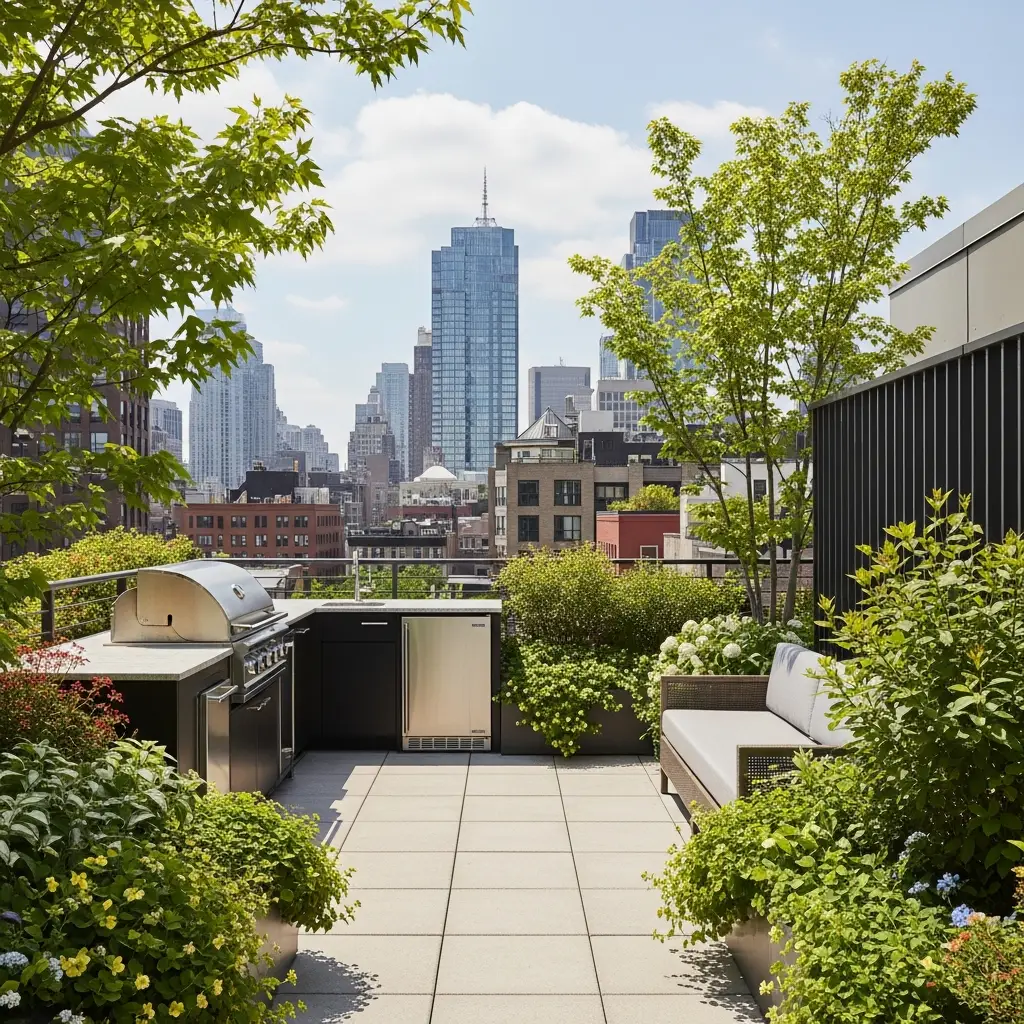 Rooftop garden with a fully equipped outdoor kitchen and bar area.