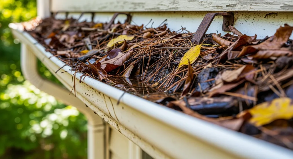 Sagging gutter filled with leaves and debris